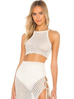 Camila Coelho Cream Crochet High Neck Swim Coverup Set (Top and Skirt Included)